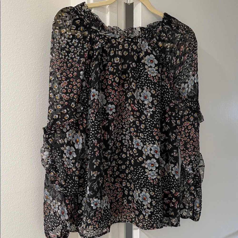 LOFT Black Floral Sheer Blouse